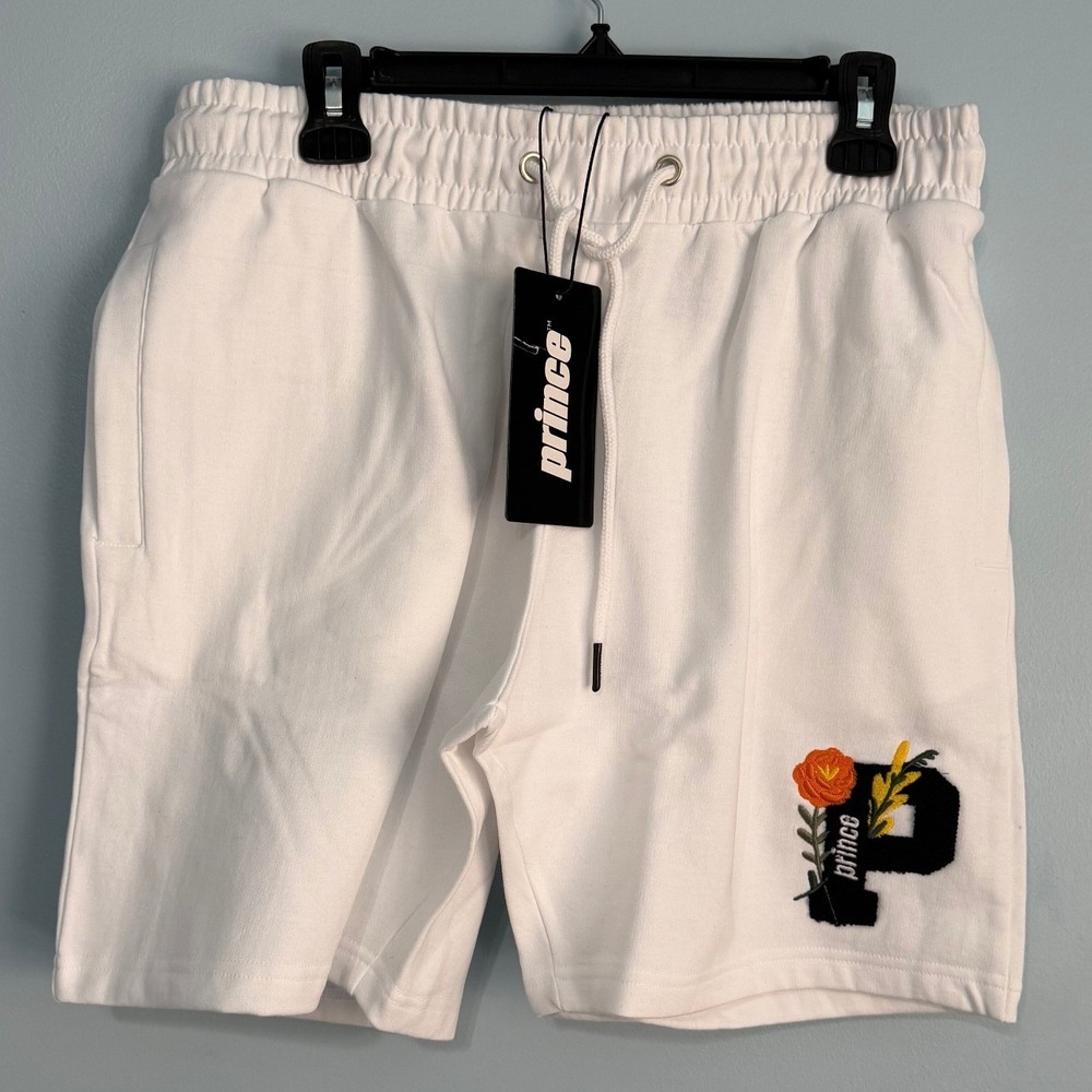Prince Men's M White Chenille Floral Patch Sweat Shorts 0885